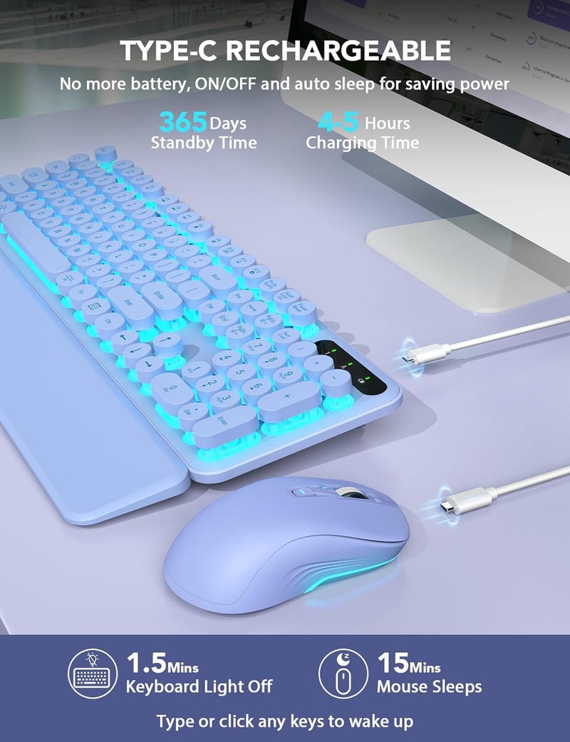 Trueque Wireless Keyboard and Mouse Backlit - Typewriter Keyboard with Retro Round Keycaps, Detachable Wrist Rest, Light Up Letters, 2.4G Rechargeable Combo for Mac, Windows, PC, Laptop, (Purple) - Image 5